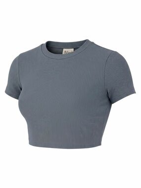 Mood Women’s XL Blue Gray Ribbed Fitted Crop Top Short Sleeve Casual Baby Tee